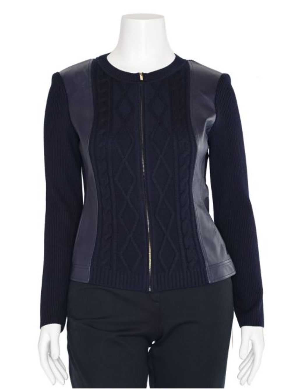 St. John Yellow Label Leather Paneled Zip Cardigan in Navy